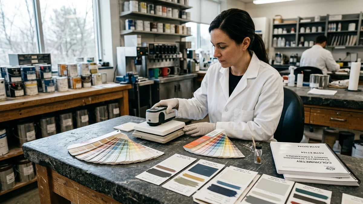 Architectural color consultant calibrating spectrophotometer with paint swatches under standard laboratory illuminant