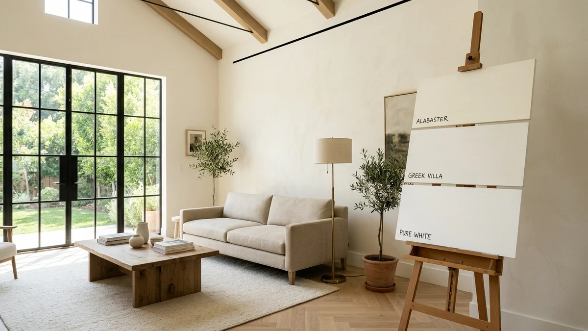 Bright sunlit living room painted in Sherwin-Williams Alabaster white paint with Pure White trim